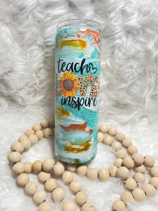 RTS {Teach Love Inspire/ Blue Glitter} 20oz Tumbler